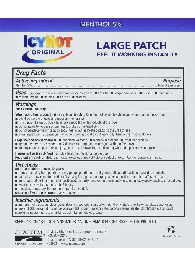 Icy Hot لصقة طبية قوية لتخفيف الألم للظهر أو منطقة كبيرة، 5 قطع - Image 3